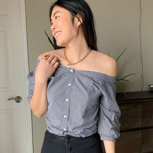 Frame off shoulder checkered crop tie back blouse